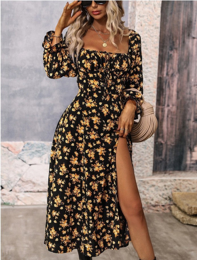 🌸 Women’s Floral Long Sleeve Split Midi Dress - Romantic Boho Summer Dress - Available in Various Colours