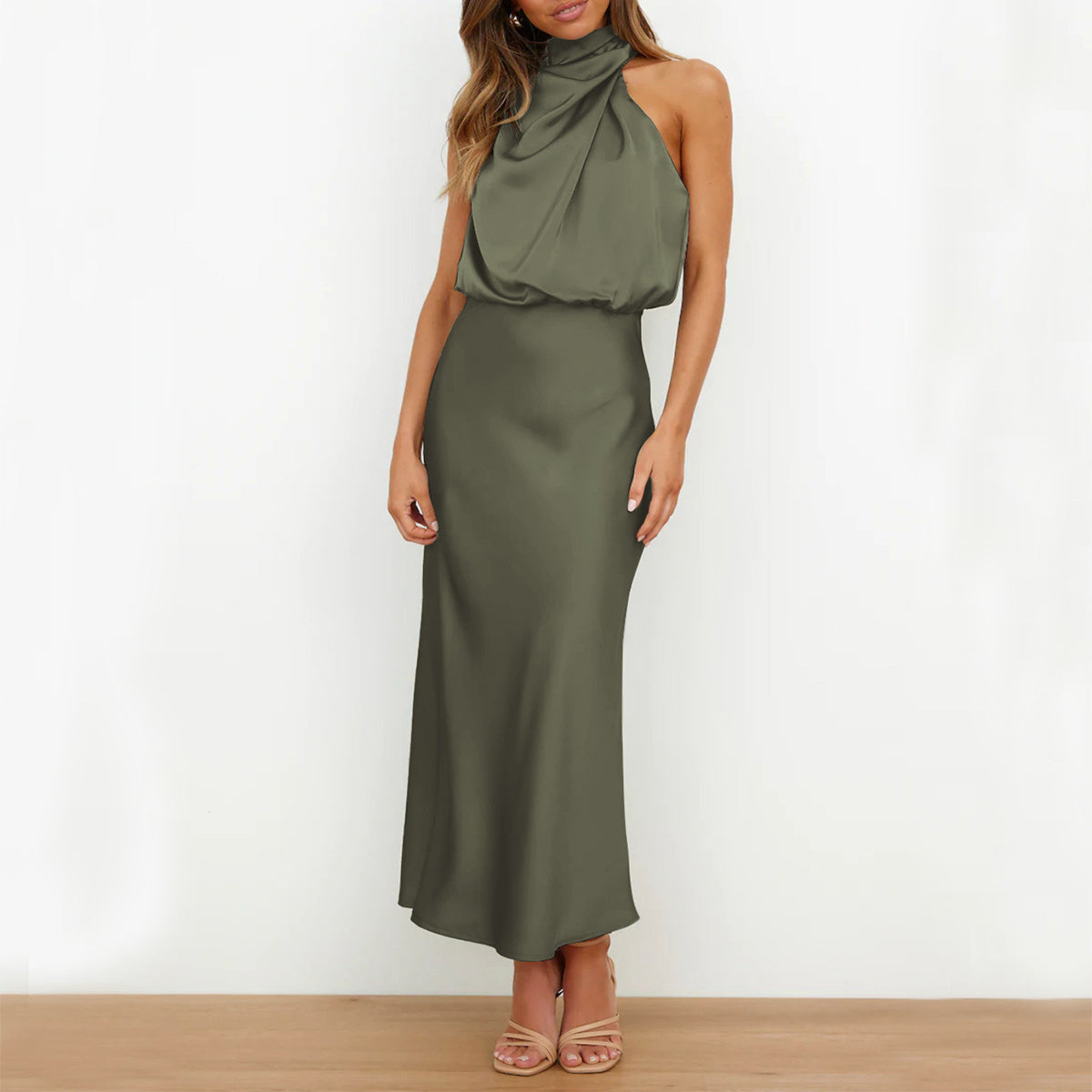 Women’s Elegant Satin High Neck Halter Evening Dress – Sleeveless Midi Dress – Party, Cocktail & Formal Wear – Various Colours