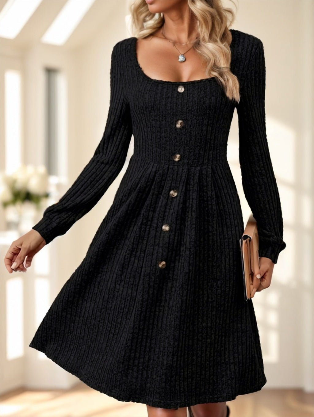 π€ Ribbed Knit Button-Front Dress β Cozy Elegance in Black and Grey
