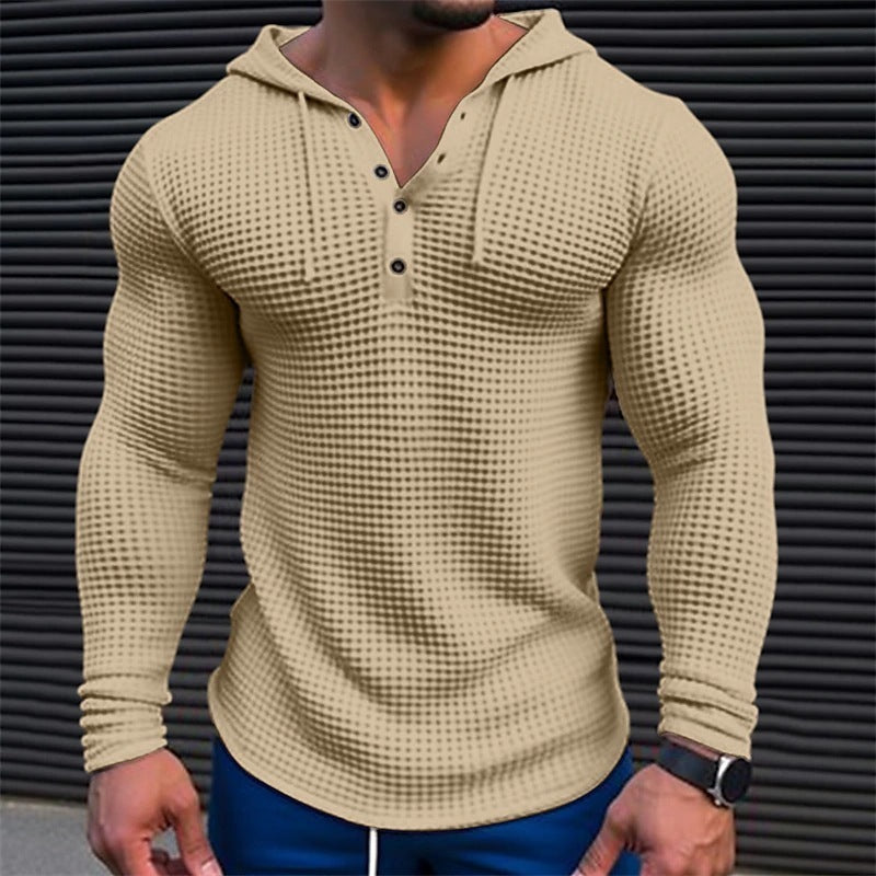 Men’s Textured Long Sleeve Hoodie Henley – Stylish Muscle Fit Pullover Top