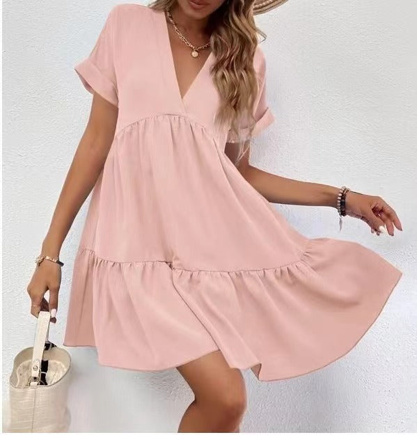 ✨ Women's V-Neck Tiered Mini Dress - Casual Loose Short Sleeve Summer Dress - Available in Various Colours