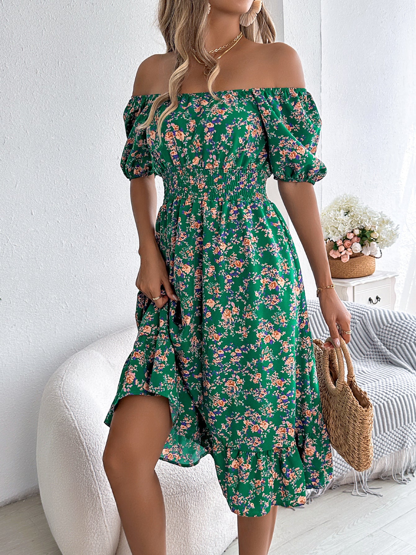 Women’s Floral Puff Sleeve Dress – Elegant Square Neck Summer Dress with Smocked Waist (Various Colours)
