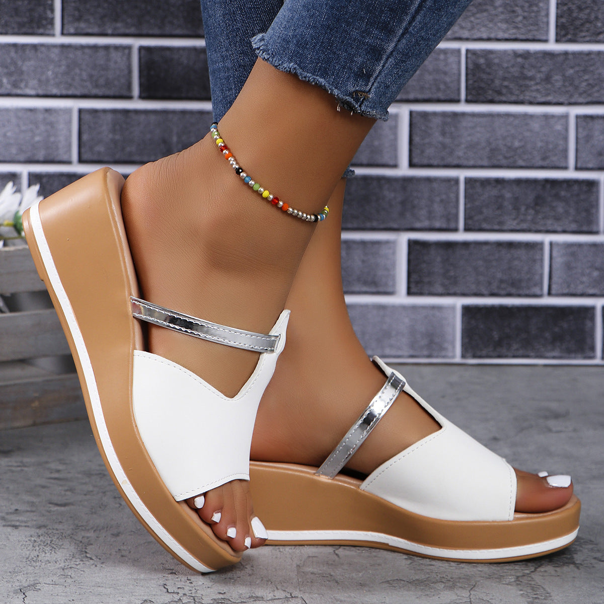 Women's Gold Slip-On Wedge Sandals – Elegant Comfort with a Metallic Twist