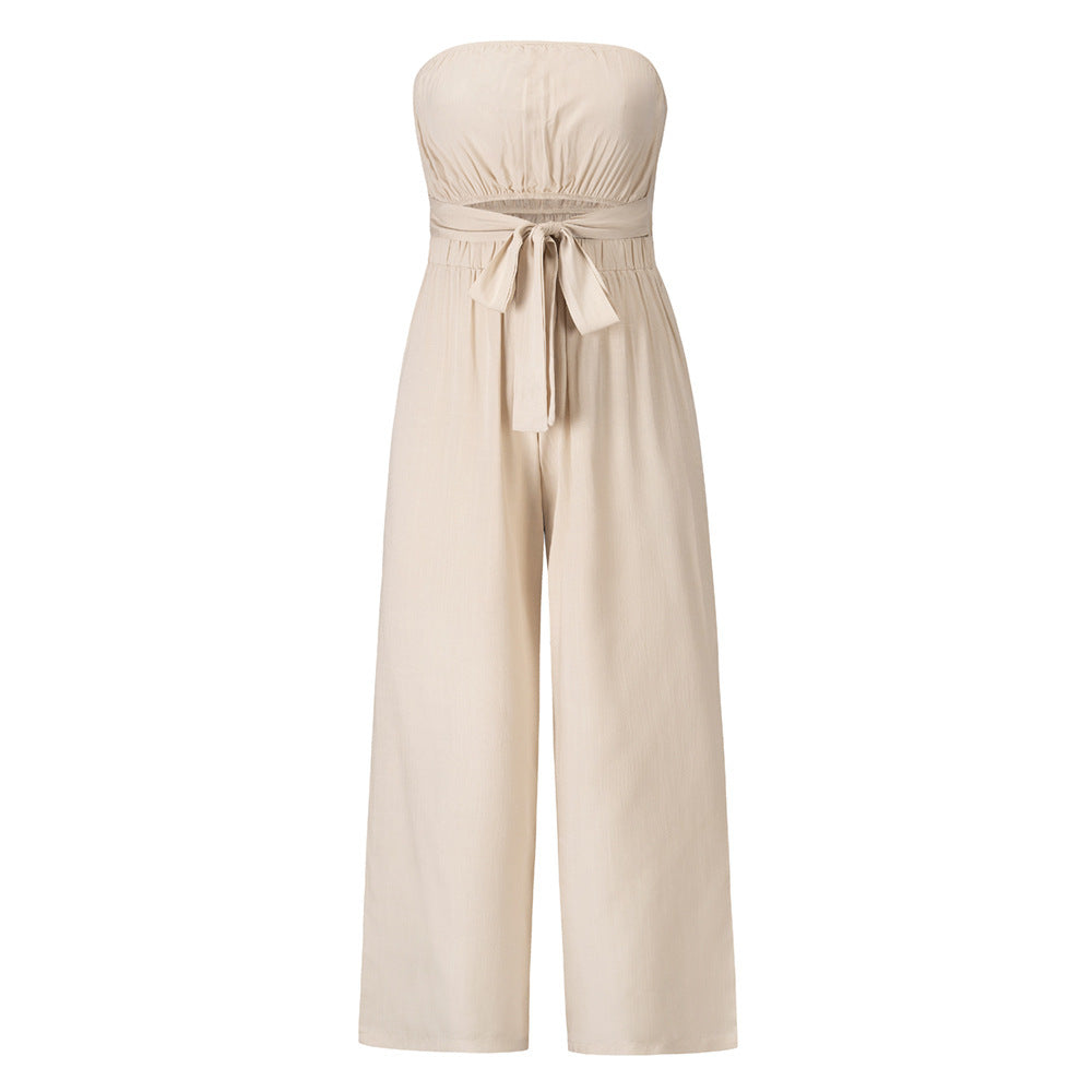 Strapless Wide-Leg Jumpsuit with Waist Tie – Various Colours | Summer Linen-Look Two-Piece Outfit