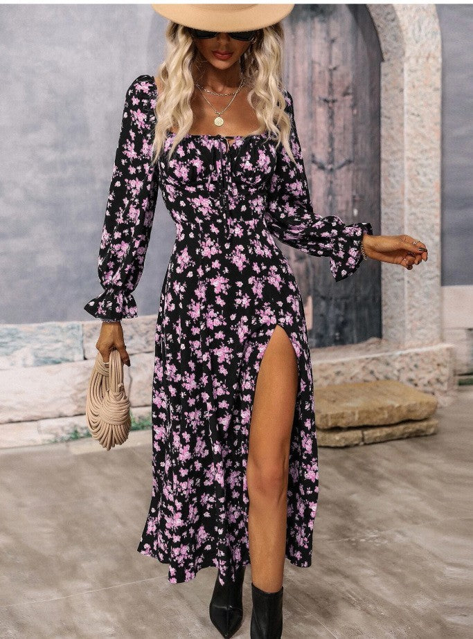 🌸 Women’s Floral Long Sleeve Split Midi Dress - Romantic Boho Summer Dress - Available in Various Colours