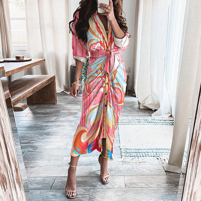 Elegant Knot Waist Shirt Dress – Button Front, Midi Length – Versatile Styles – Various Colours