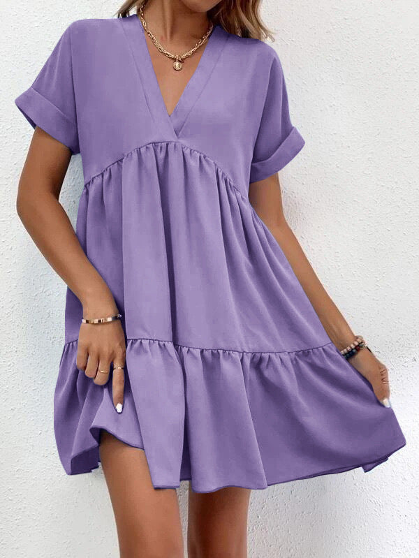 ✨ Women's V-Neck Tiered Mini Dress - Casual Loose Short Sleeve Summer Dress - Available in Various Colours