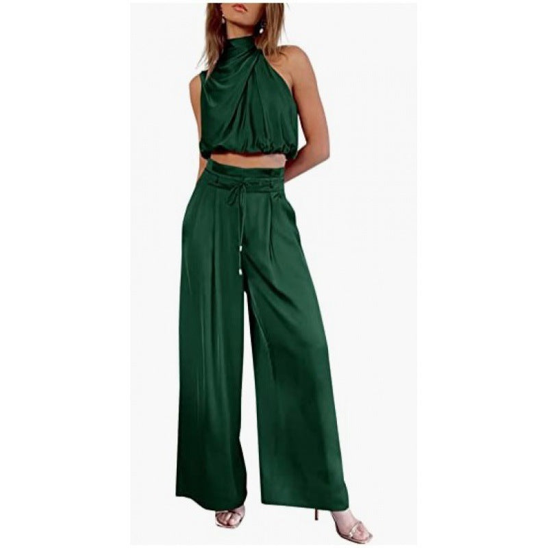 ✨ Women’s Satin 2-Piece Set - Draped Crop Top + Wide Leg High Waist Trousers - Perfect for Party & Evening - Available in Various Colours