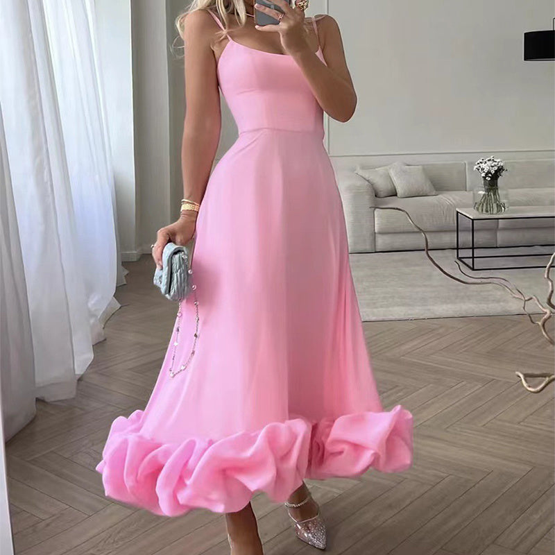 Elegant Ruffle Hem Midi Dress with Spaghetti Straps – Various Colours