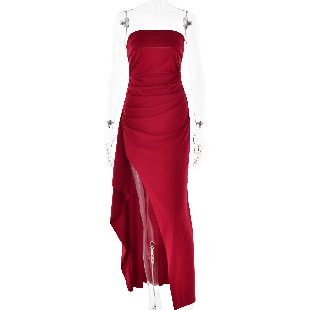 Elegant Strapless Ruched Evening Maxi Dress – High Slit Formal Gown – Occasion Dress – Various Colours
