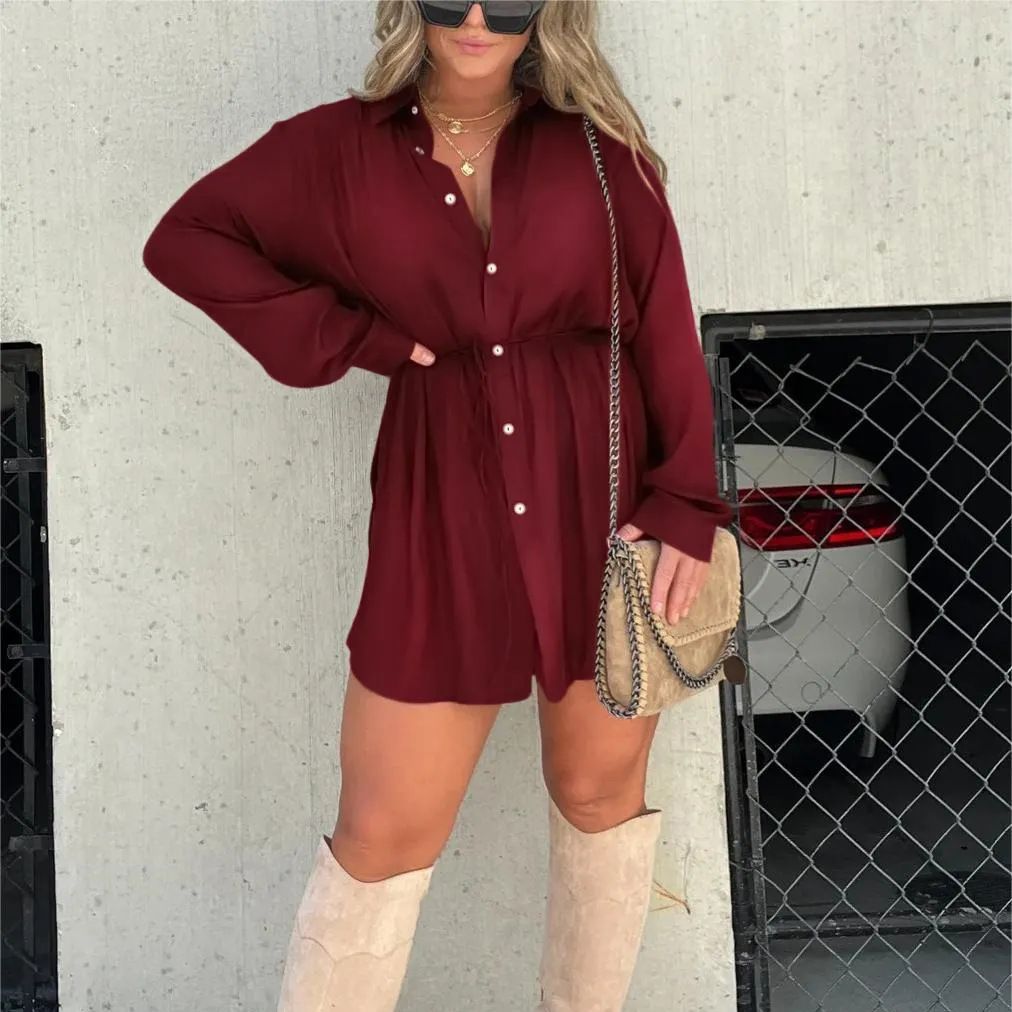 Women’s Oversized Button-Down Jumpsuit – Long Sleeve Casual Tunic – Belted Shirt Dress – Various Colours