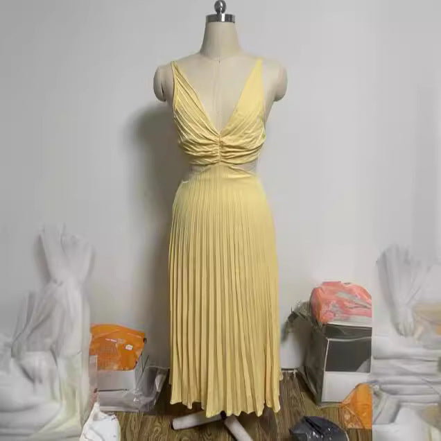 ✨ Pleated Satin Cut-Out Midi Dress – Available in Various Colours