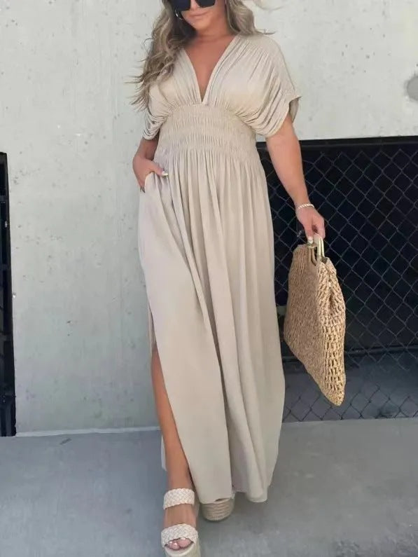 Boho V-Neck Maxi Dress with Pockets – Summer Flowy Style in Various Colours