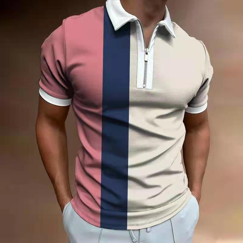 Men’s Retro Vertical Stripe Polo Shirt with Zip Neck – Various Designs