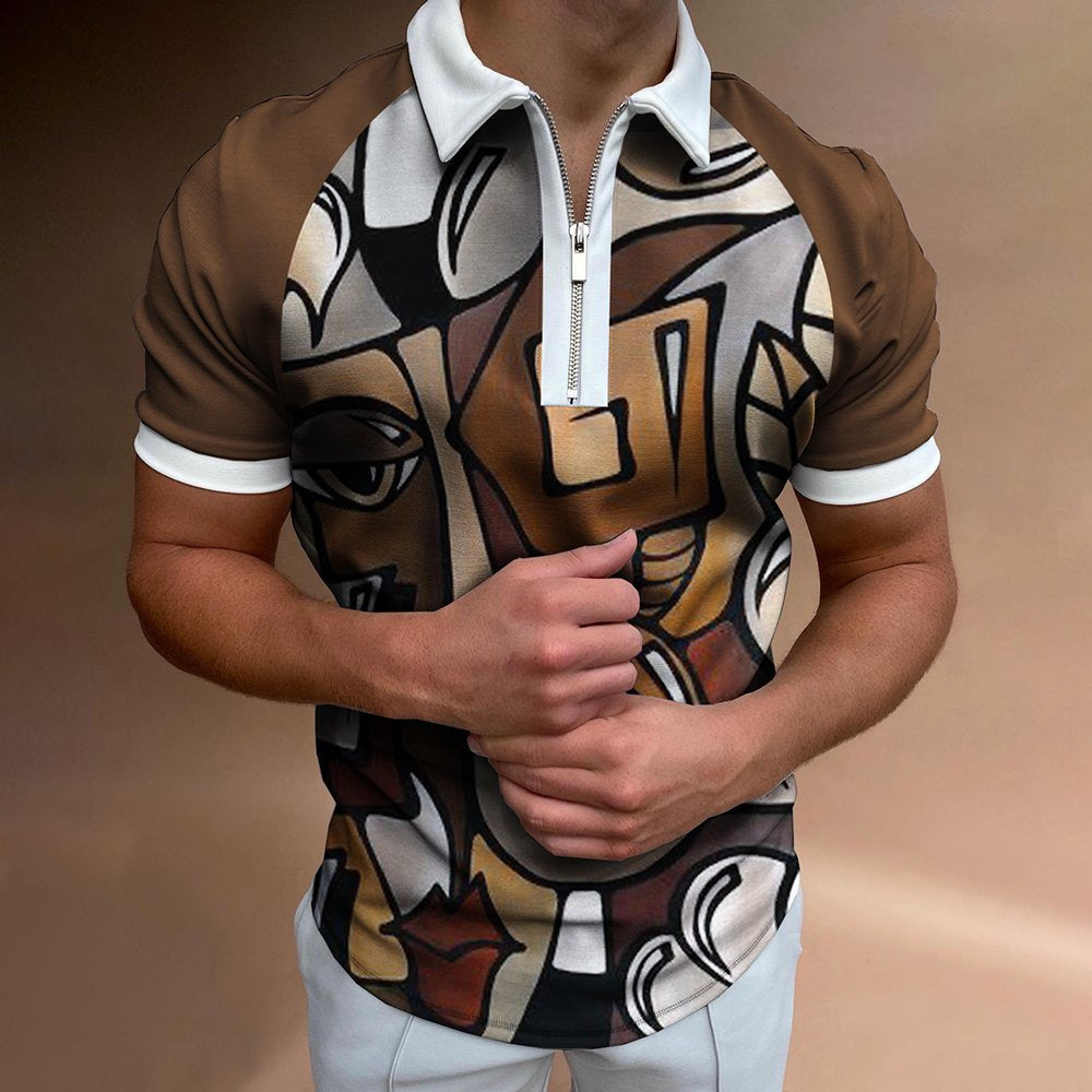 Men’s Retro Vertical Stripe Polo Shirt with Zip Neck – Various Designs