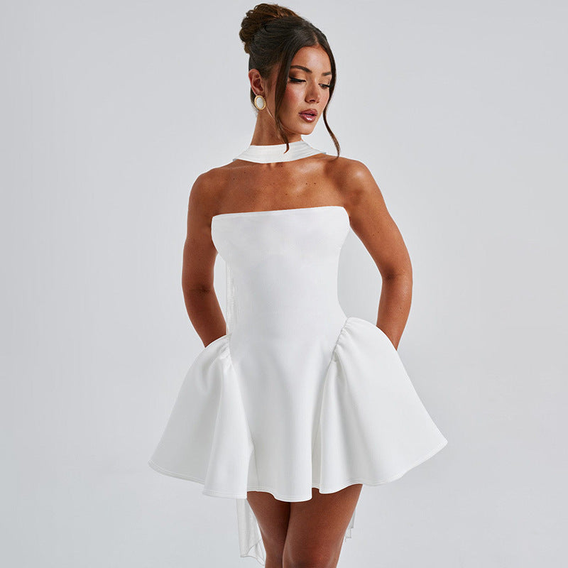 Chic Strapless Mini Dress with High Neck Bow Back – Party Dress in Various Colours