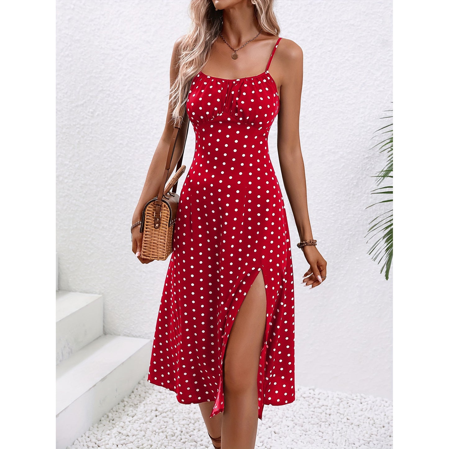 πΈ Vintage Polka Dot Spaghetti Strap Midi Dress β Summer Holiday Dress with Side Slit β Casual Day Dress β Available in Various Colours