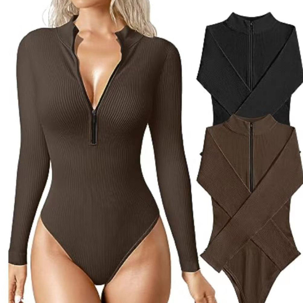 🔥 Zip-Up Ribbed Long Sleeve Bodysuit – Available in Various Colours
