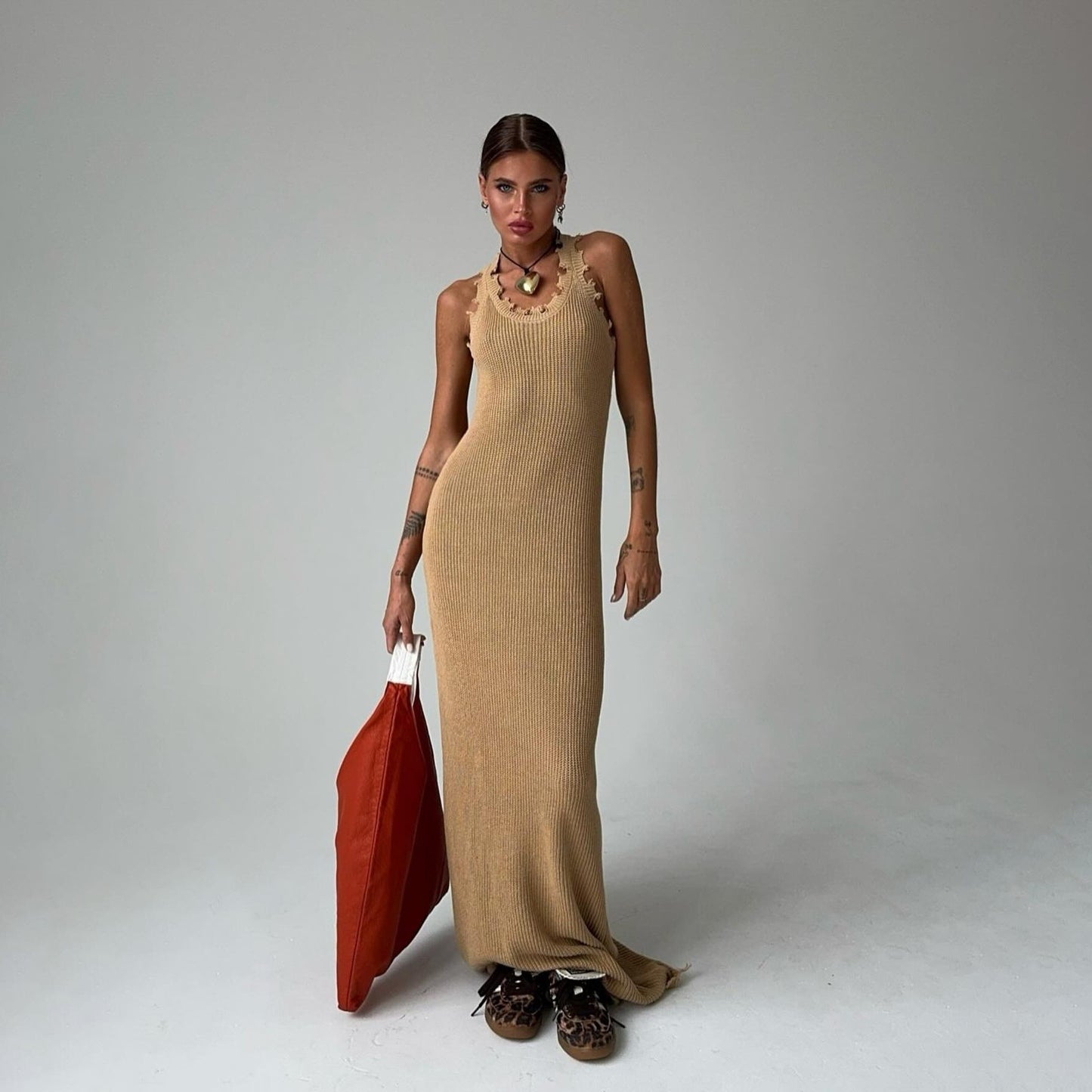 Frayed Hem Slim Fit I-shaped Vest Knitted Dress