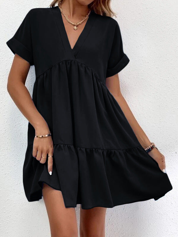 ✨ Women's V-Neck Tiered Mini Dress - Casual Loose Short Sleeve Summer Dress - Available in Various Colours