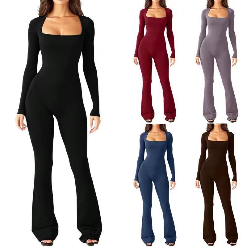 Navy Square Neck Long Sleeve Jumpsuit with Flared Legs