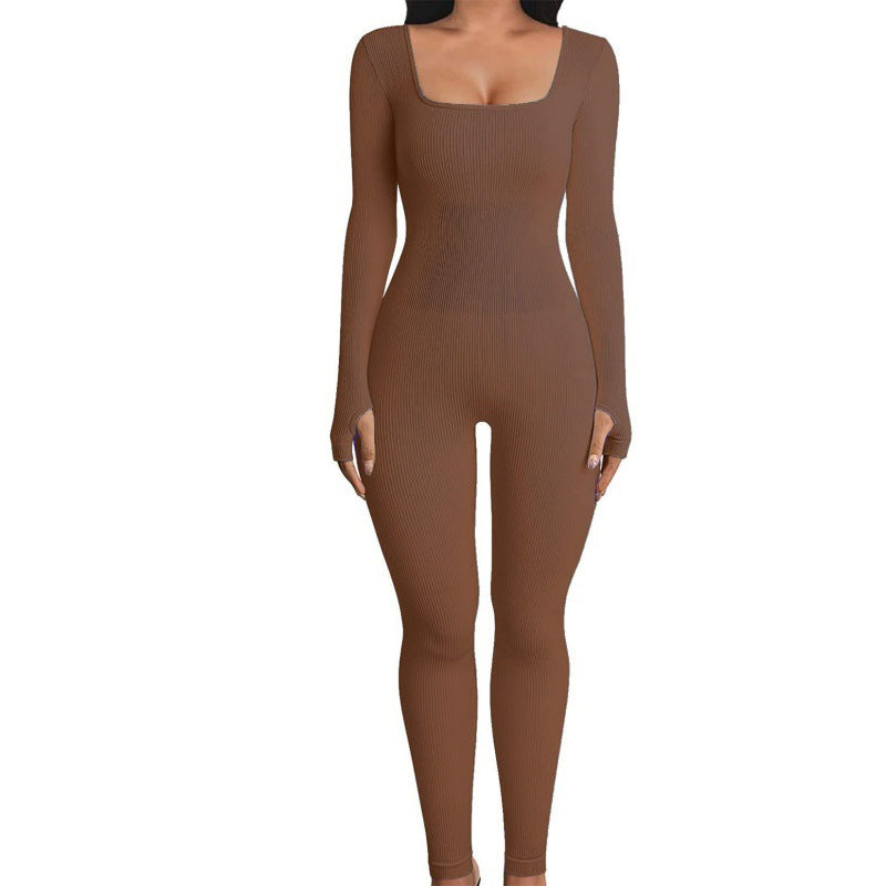 Ribbed Long Sleeve Square Neck Jumpsuit - Available in Multiple Colors