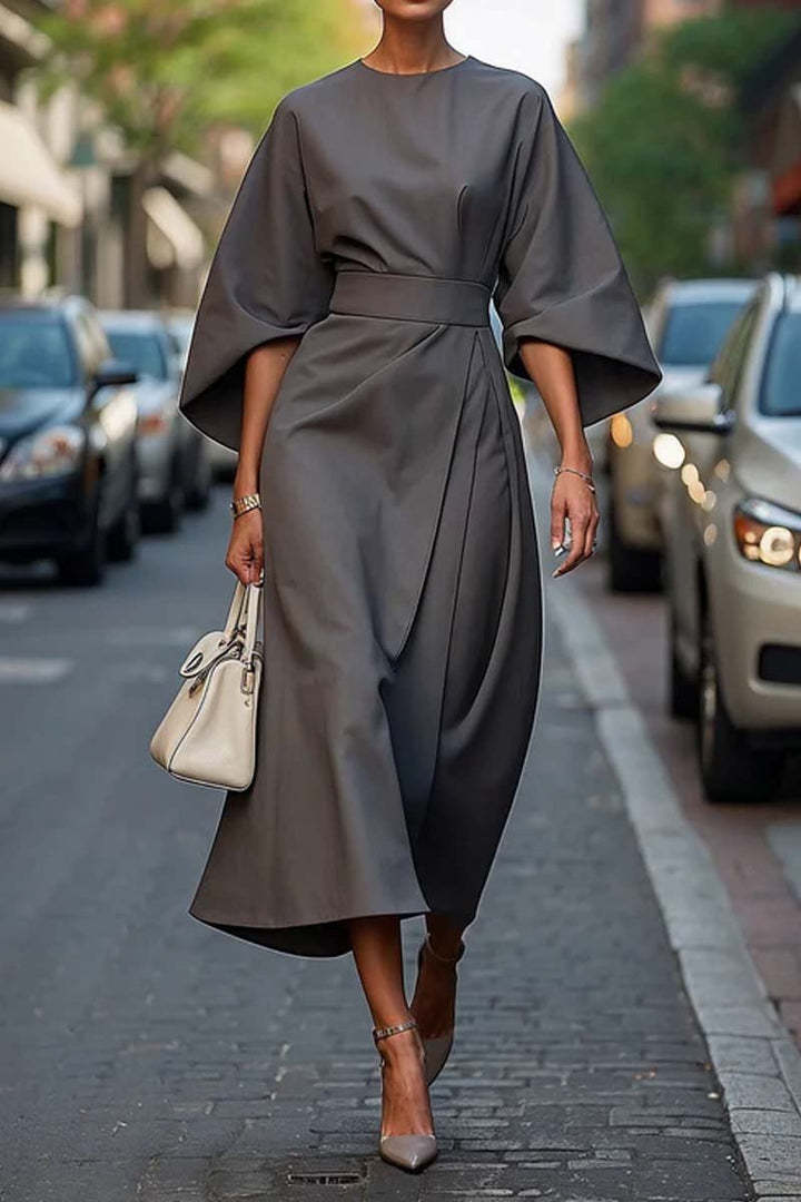 Elegant Kimono Sleeve Belted Midi Dress – Sophisticated Style – Various Colours