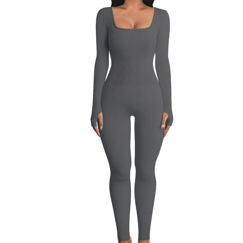 Ribbed Long Sleeve Square Neck Jumpsuit - Available in Multiple Colors