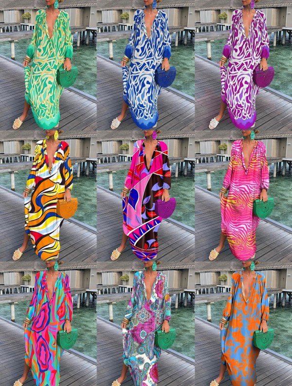 🌈 Island Muse Abstract Maxi Kaftan – Available in Various Colours