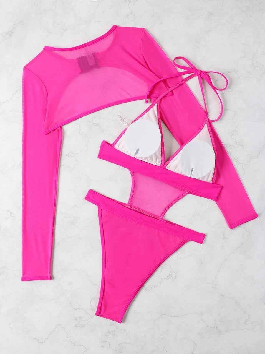 Solid colour sexy one-piece swimsuit women's long-sleeved blouse bikini swimwear