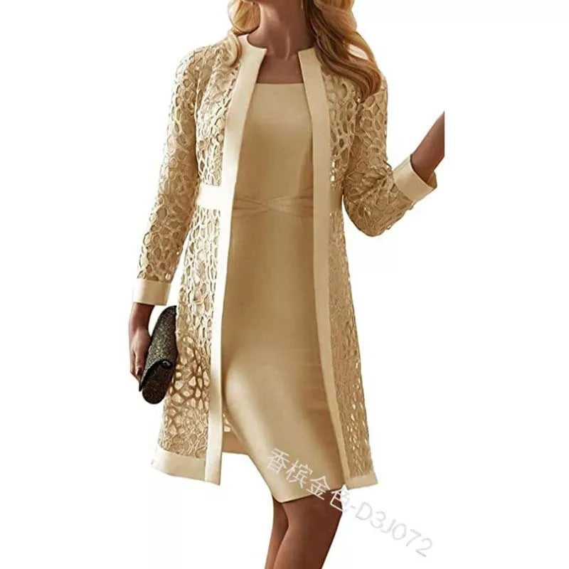 ✨ Title: “Golden Grace: The Elegant Occasion Dress with Lace Overlay” 👑🌸