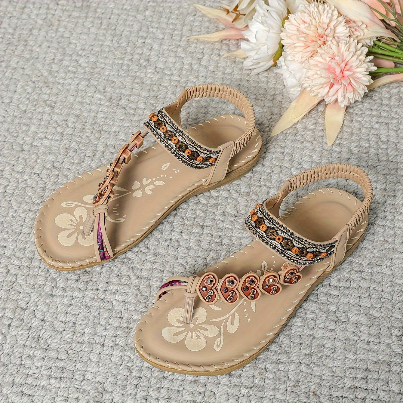 🌺 Boho Beaded Sandals – Floral Comfort in Various Colours