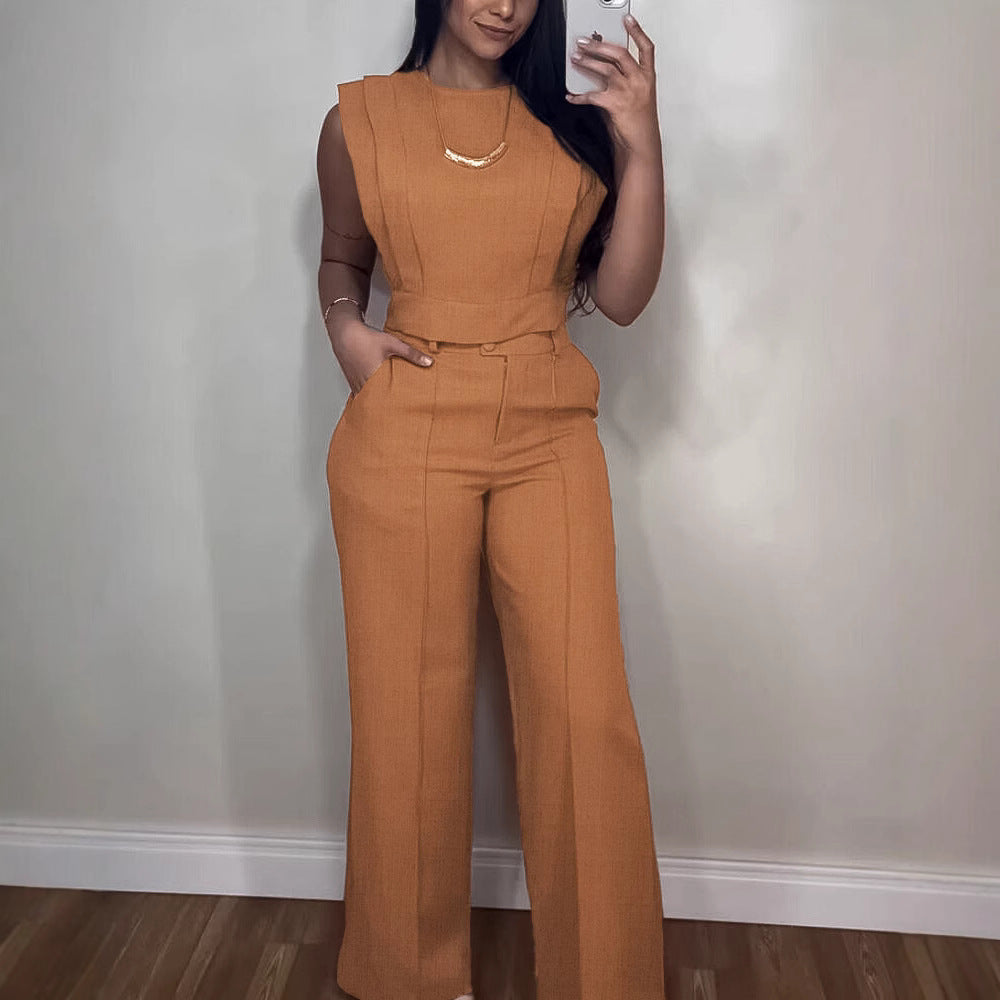 Women’s Sleeveless Wide-Leg Trousers Jumpsuit – Elegant Belted One-Piece in Various Colours