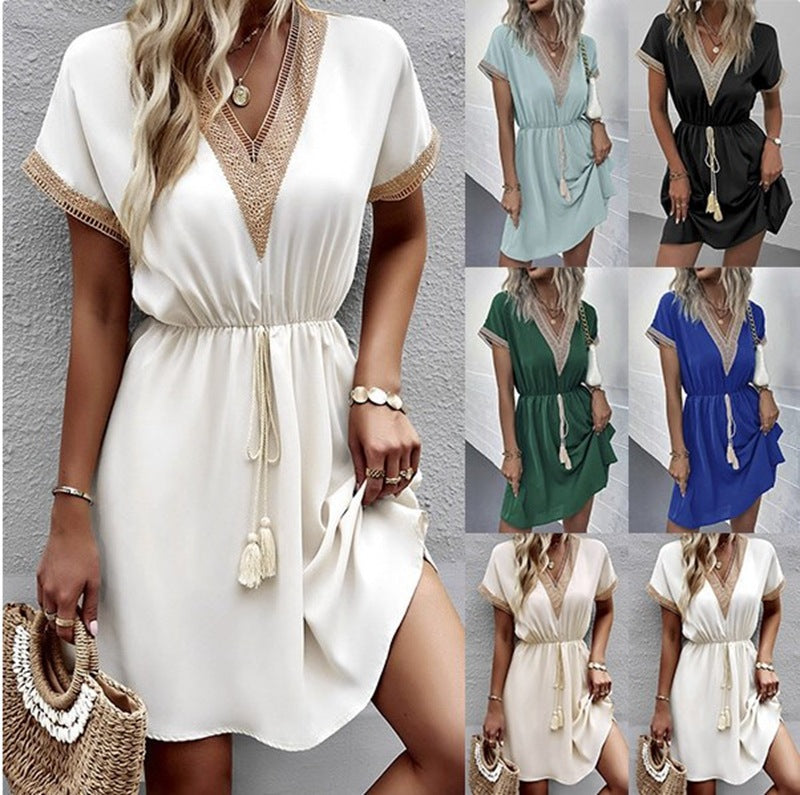 🌾 Title: “Golden Hour Ready: The Tassel-Tie Boho Mini Dress You’ll Wear on Repeat” ☀️👜