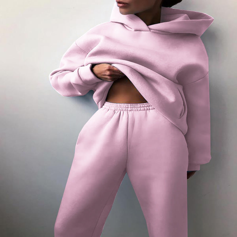 2022 cross-border spring and autumn fashion casual hooded sweater two-piece set long-sleeved solid color fleece shrink-fit casual suit