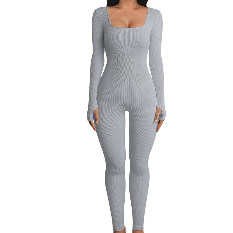 Ribbed Long Sleeve Square Neck Jumpsuit - Available in Multiple Colors