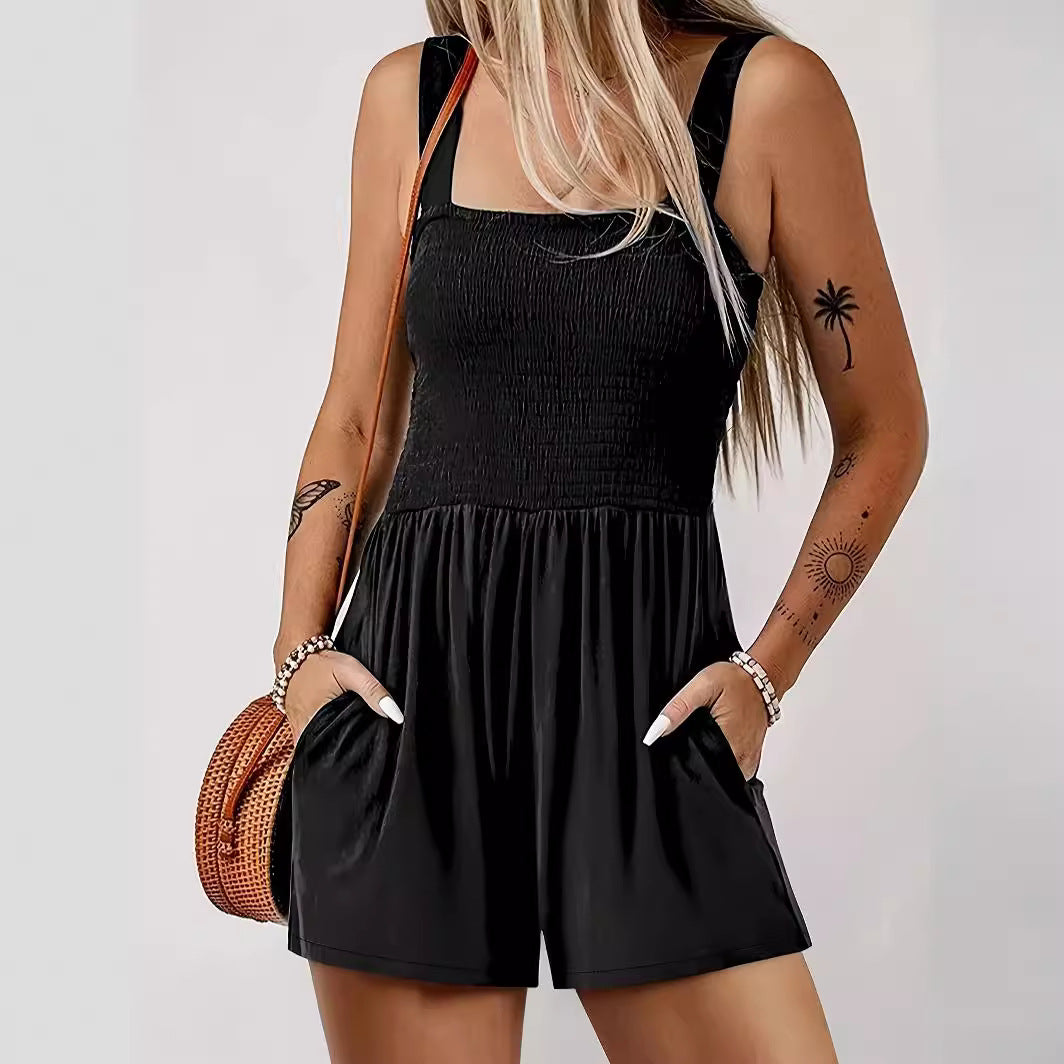 🖤 Effortless Cool Black Shirred Romper – The Ultimate Summer One-Piece with Pockets ☀️🌴