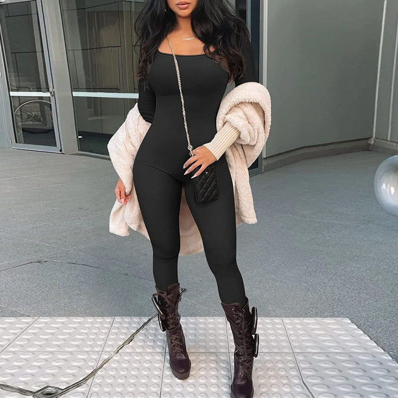 Ribbed Long Sleeve Square Neck Jumpsuit - Available in Multiple Colors