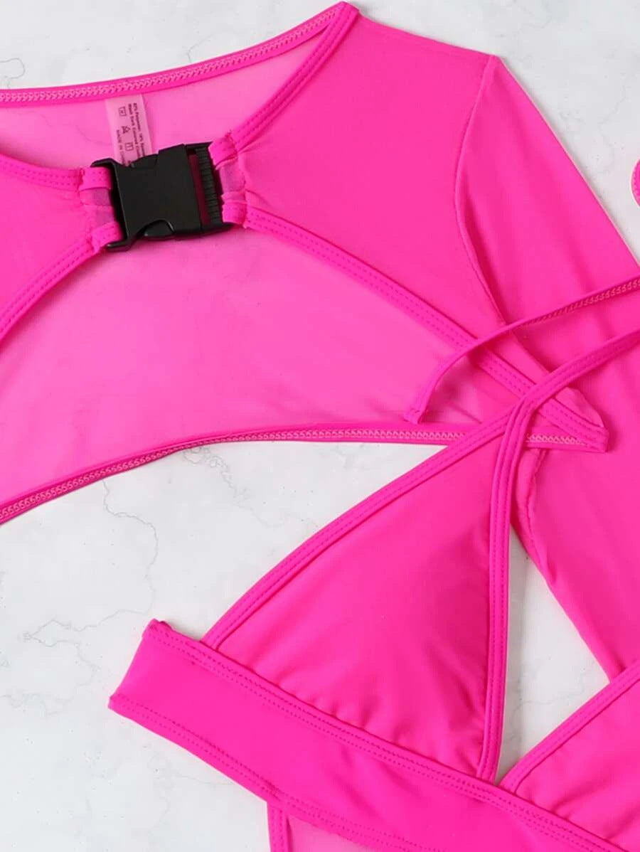 Solid colour sexy one-piece swimsuit women's long-sleeved blouse bikini swimwear