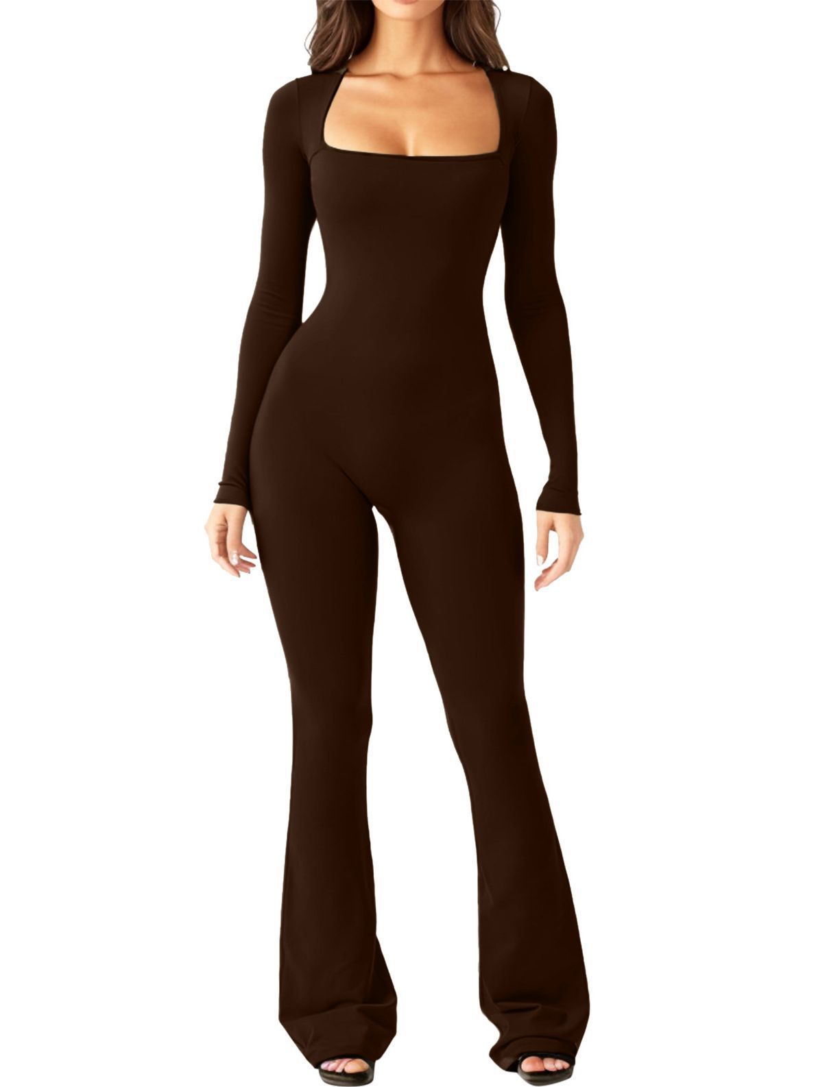 Navy Square Neck Long Sleeve Jumpsuit with Flared Legs
