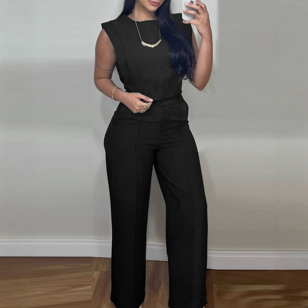 Women’s Sleeveless Wide-Leg Trousers Jumpsuit – Elegant Belted One-Piece in Various Colours