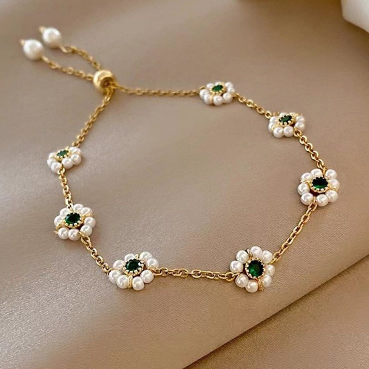 Dainty Pearl Daisy Bracelet | Adjustable Gold Chain with Green Gem Centre