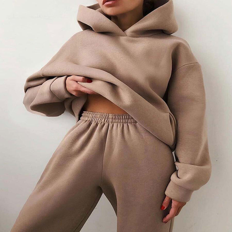 2022 cross-border spring and autumn fashion casual hooded sweater two-piece set long-sleeved solid color fleece shrink-fit casual suit