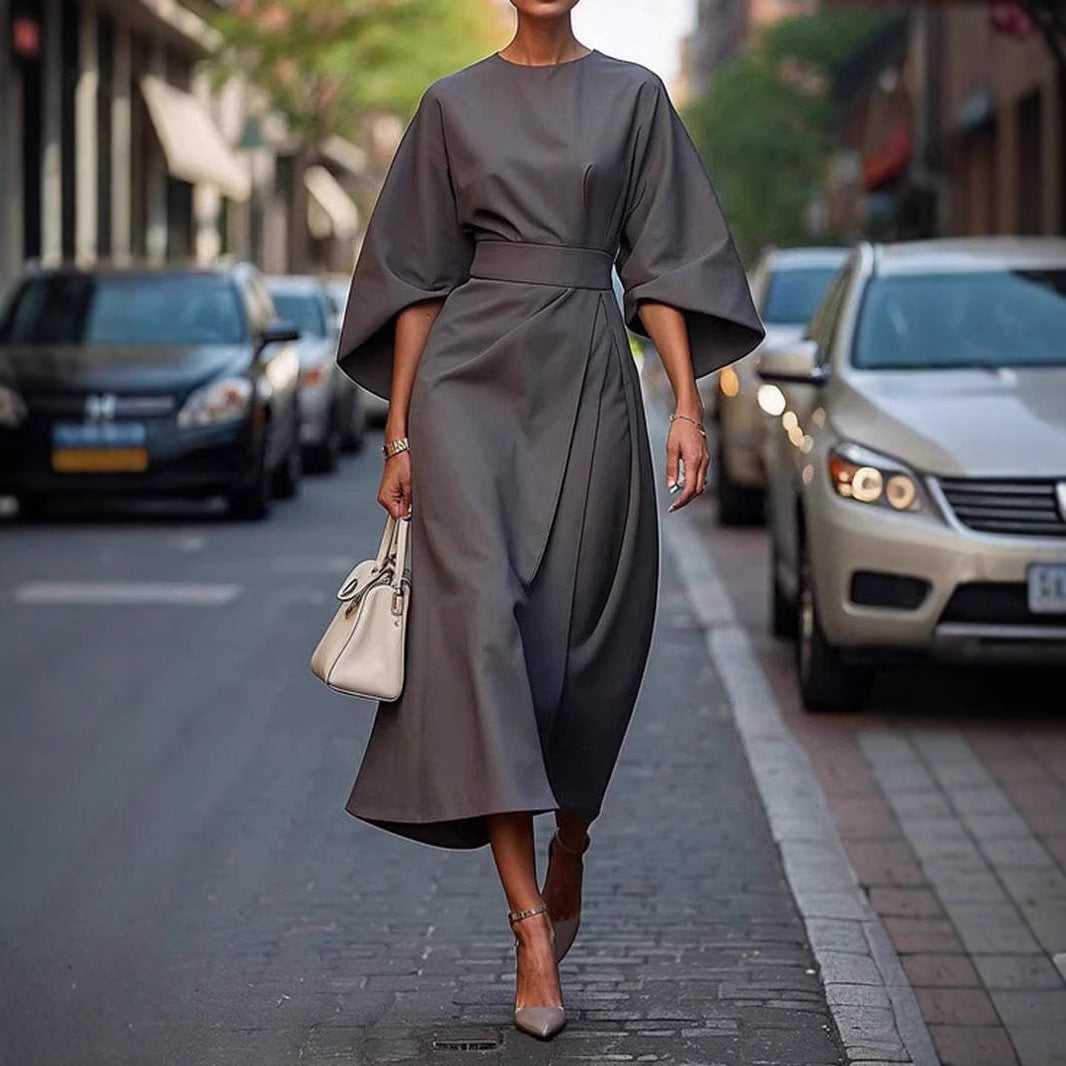 Elegant Kimono Sleeve Belted Midi Dress – Sophisticated Style – Various Colours