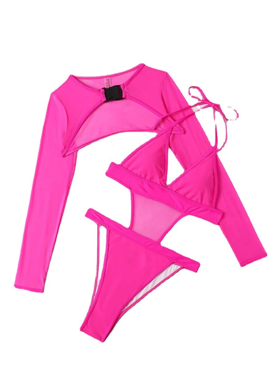 Solid colour sexy one-piece swimsuit women's long-sleeved blouse bikini swimwear