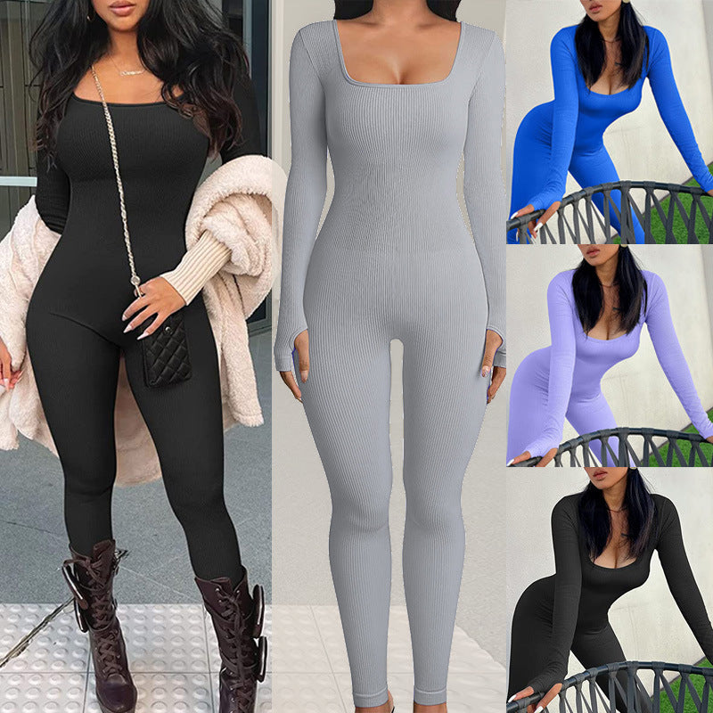 Ribbed Long Sleeve Square Neck Jumpsuit - Available in Multiple Colors