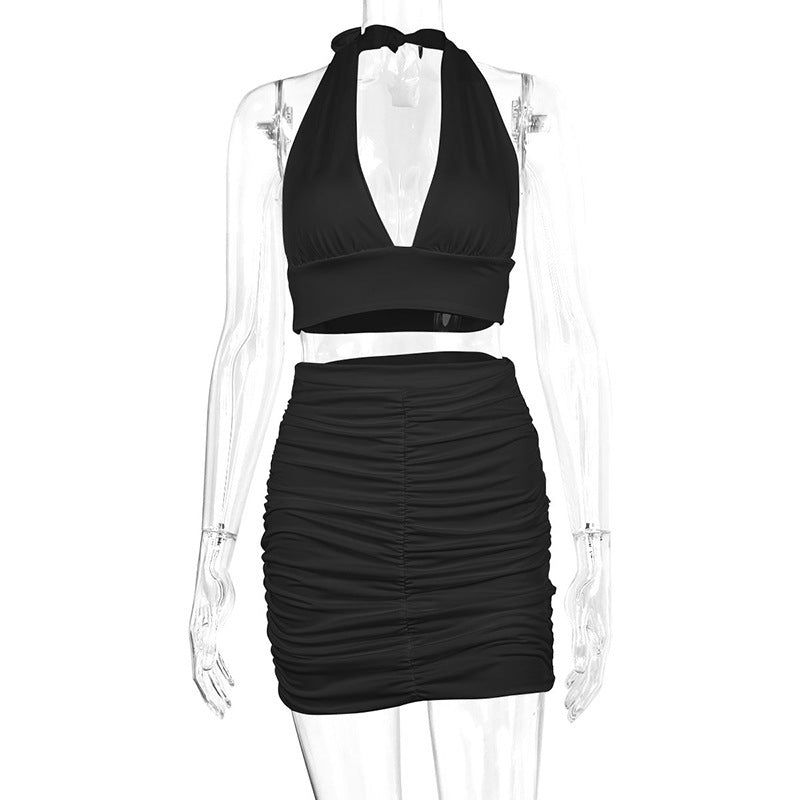 Sexy Halter Neck 2 Piece Mini Skirt Set – Ruched Bodycon Crop Top & Skirt Co-ord Outfit – Summer Party Set – Various Colours