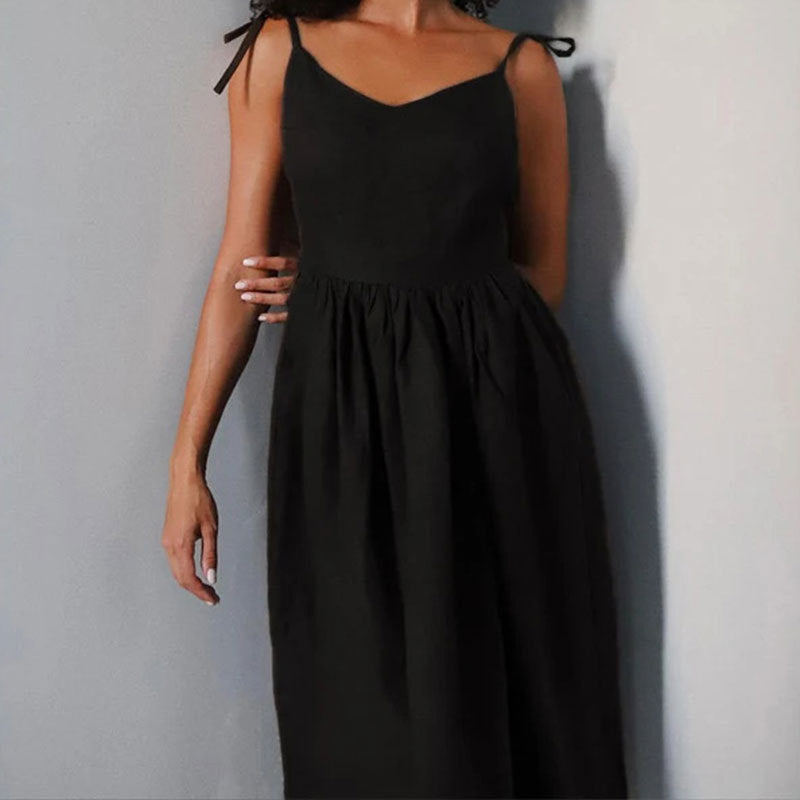 🌿 Linen-Look Tie Strap Midi Dress – Relaxed Elegance for Every Summer Occasion