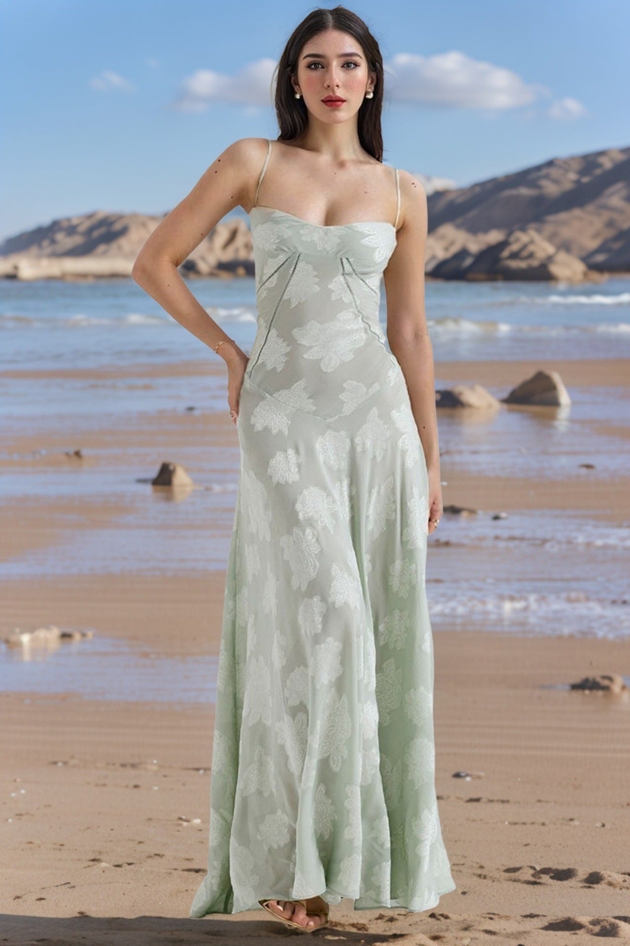 Women’s Elegant Butterfly Lace Maxi Dress – Sleeveless Spaghetti Strap Long Dress – Summer Beach Evening Party Dress – Various Colours