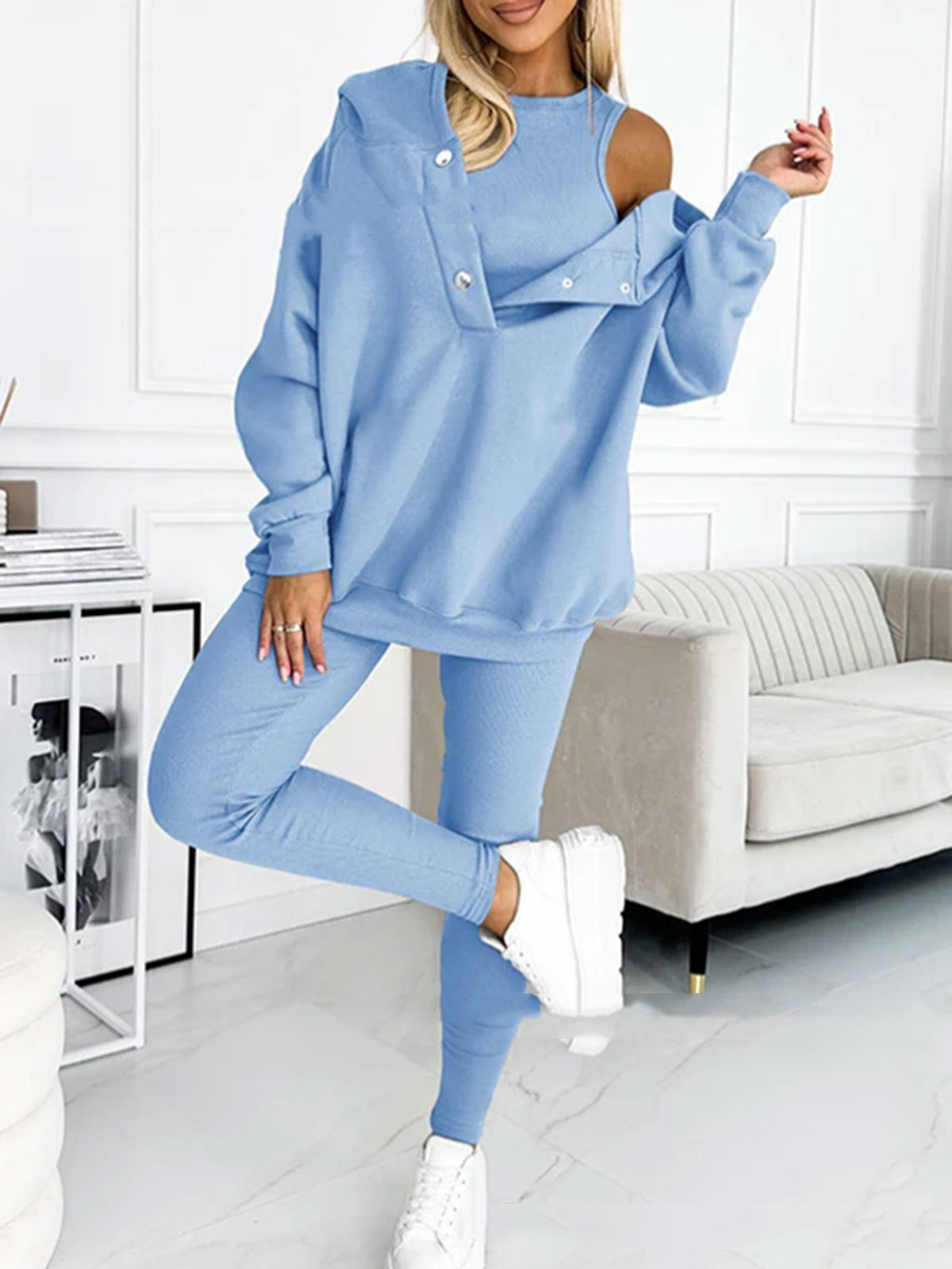 ✨ Women’s 3-Piece Lounge Tracksuit Set - Oversized Hoodie + Ribbed Top + Leggings - Various Colours Available